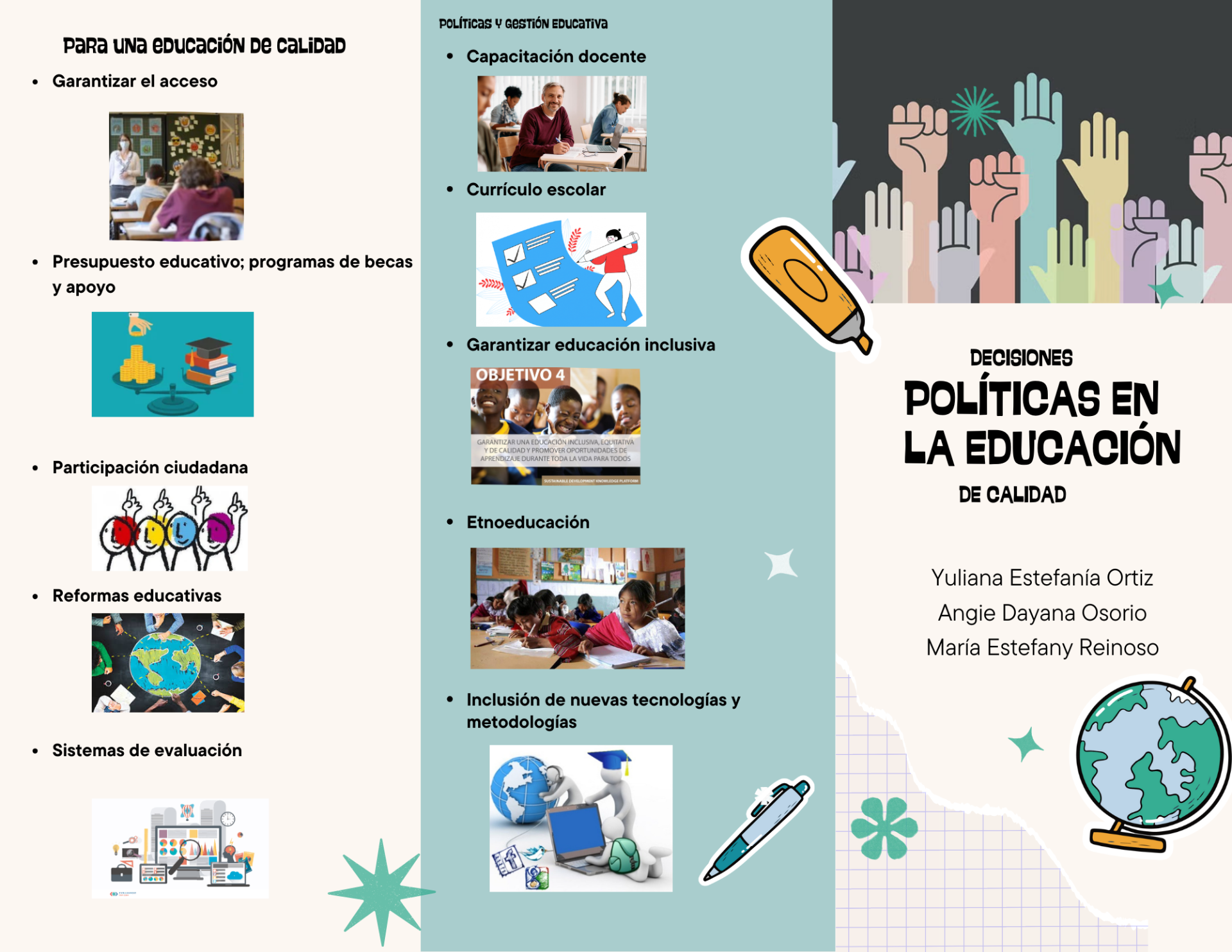 En este folleto, presentamos y complementamos ideas sobre ¿De qué forma repercuten las decisiones políticas frente a la calidad de la educación? , desglosándolos en sus aspectos clave para una mejor comprensión.  https://www.canva.com/design/DAGfk7p9GYw/GVbyZ454xNzhQEj7NyL8Hg/edit?utm_content=DAGfk7p9GYw&utm_campaign=designshare&utm_medium=link2&utm_source=sharebutton   